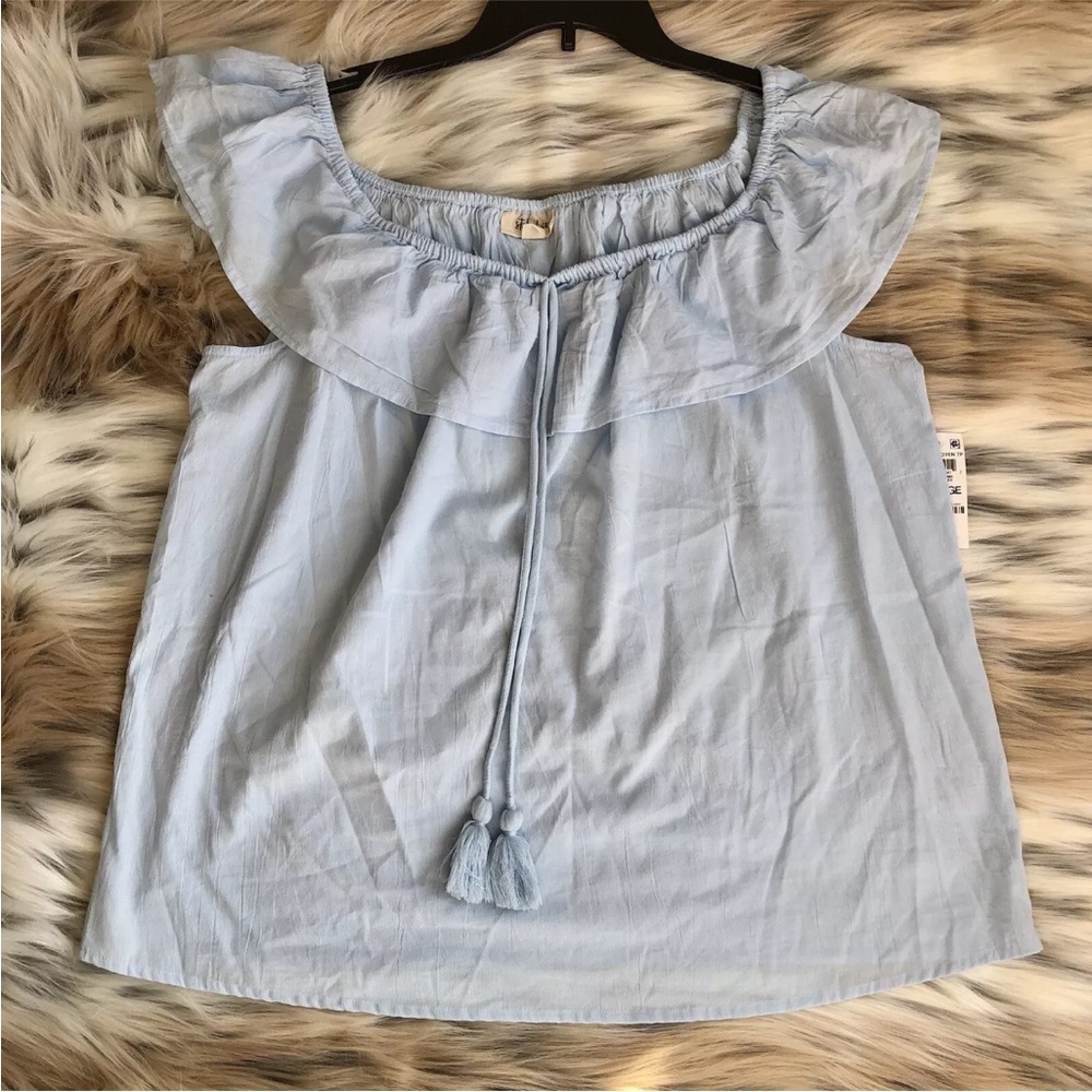 STYLE & CO BLOUSE SIZE XL OFF SHOULDER LIGHT BLUE LIGHTWEIGHT TASSEL Ps2